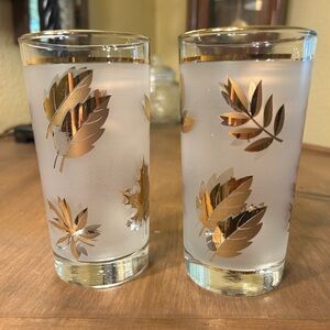 Libbey Golden Foliage Frosted Glasses Gold Leaf 12oz 5.5" 1953-78 Vintage MCM